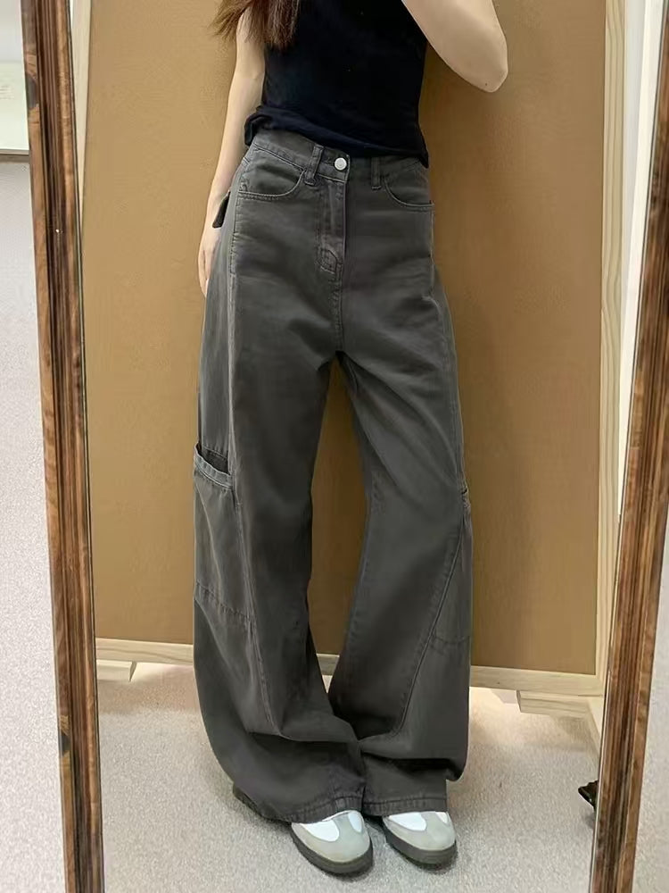 Dark grey cargo wide-leg jeans – front view, full length