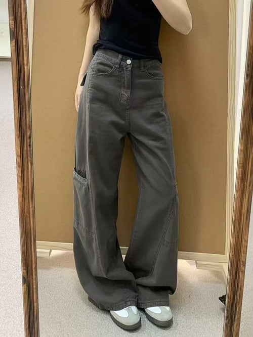 Dark grey cargo wide-leg jeans – front view, full length