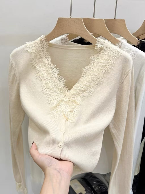 2026 Lace Trim V-Neck Knit Cardigan in Black