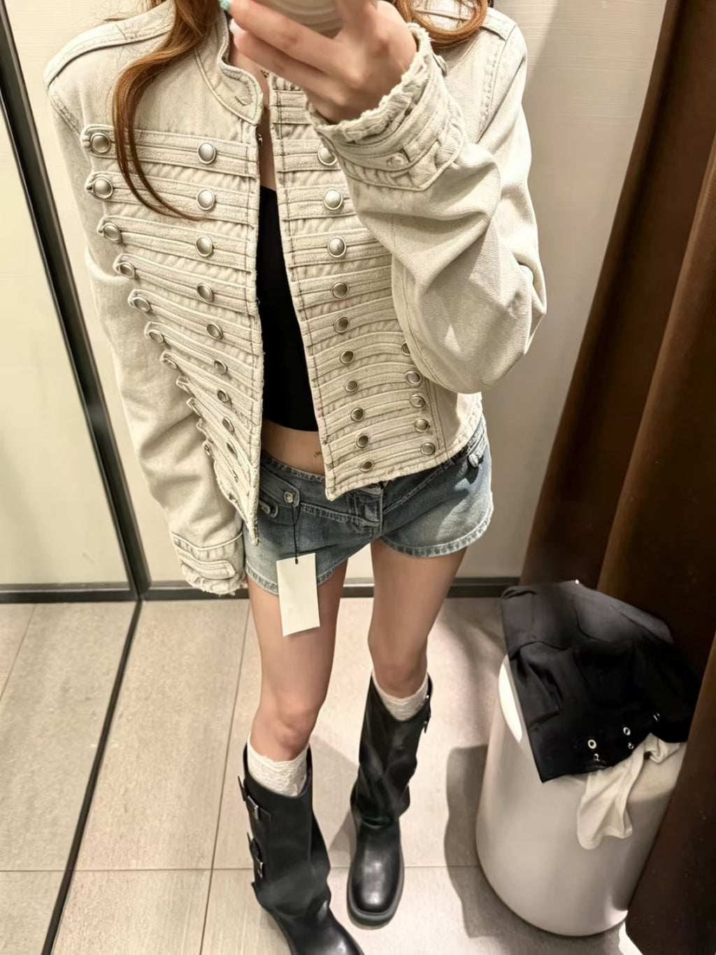 Light blue denim jacket – front open view showing Napoleon silver button embellishments