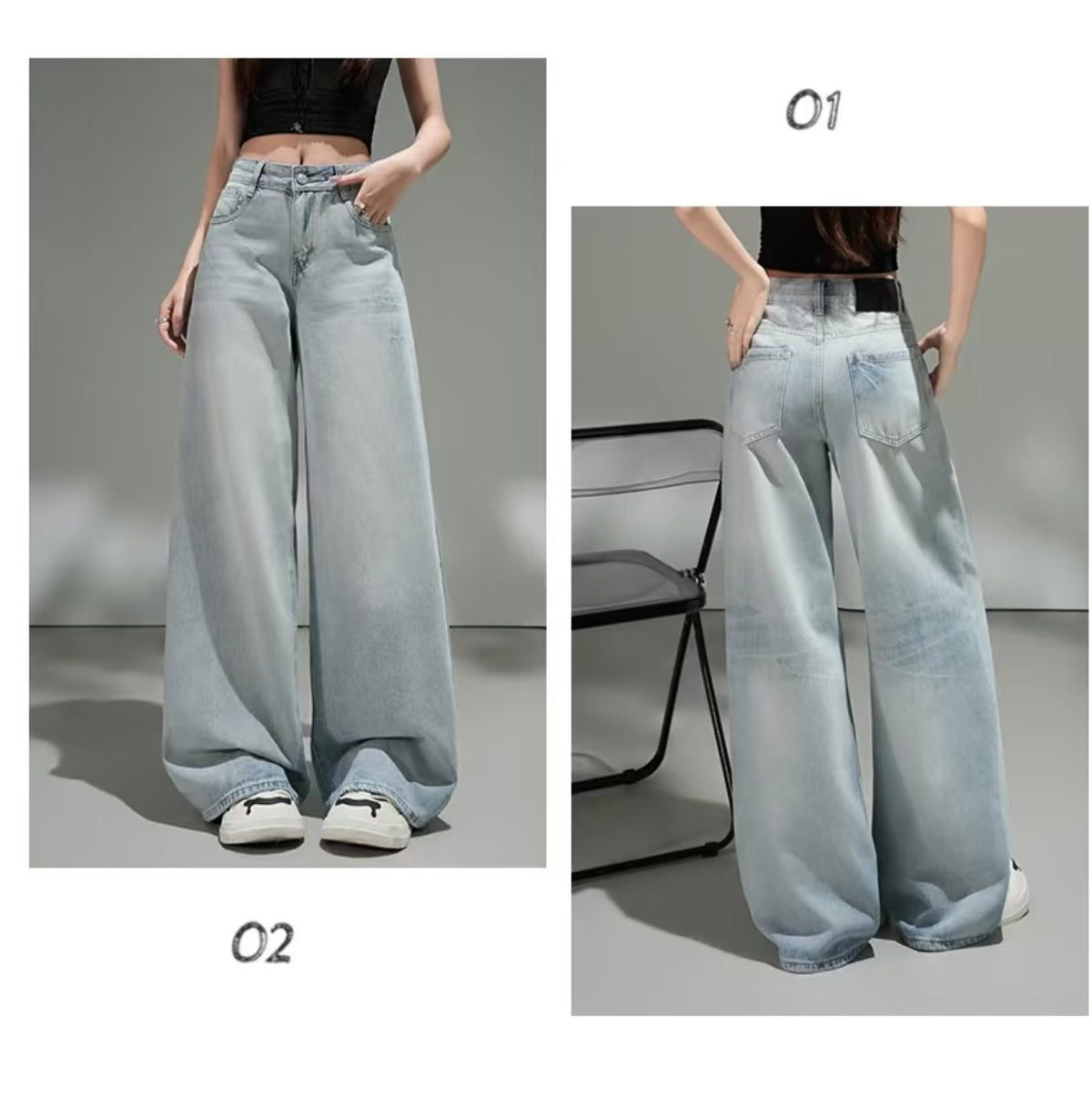 Full-length side view – floor-length wide-leg denim