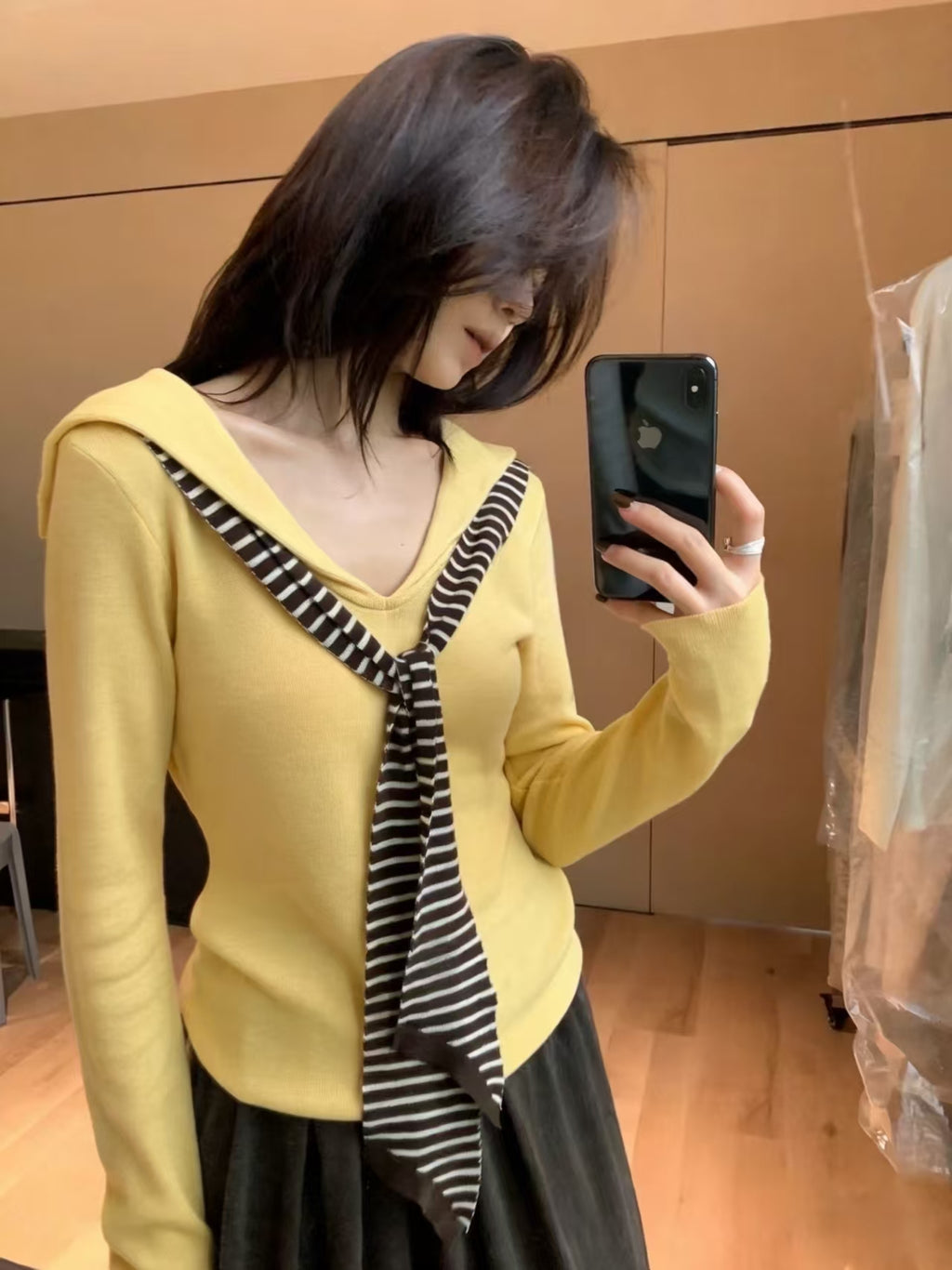 Yellow fake two-piece sailor collar knit top - mirror selfie full outfit with dark skirt