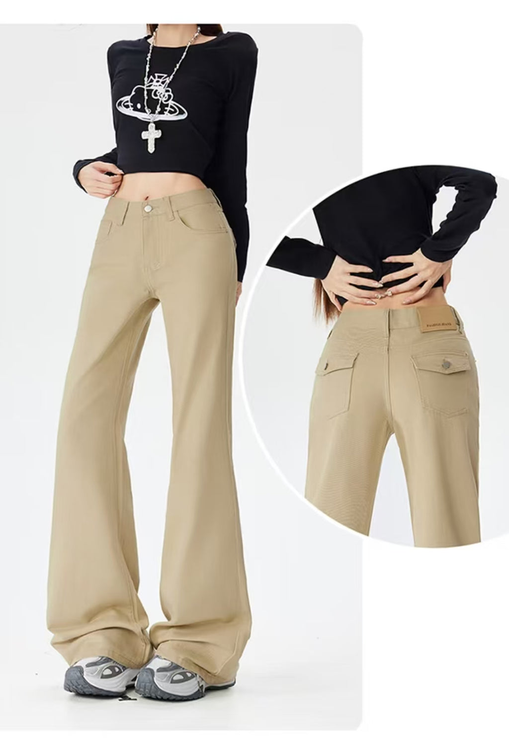Model wearing khaki flare trousers – side and back view