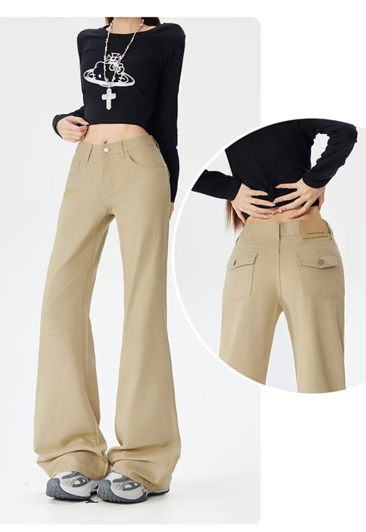 Model wearing khaki flare trousers – side and back view