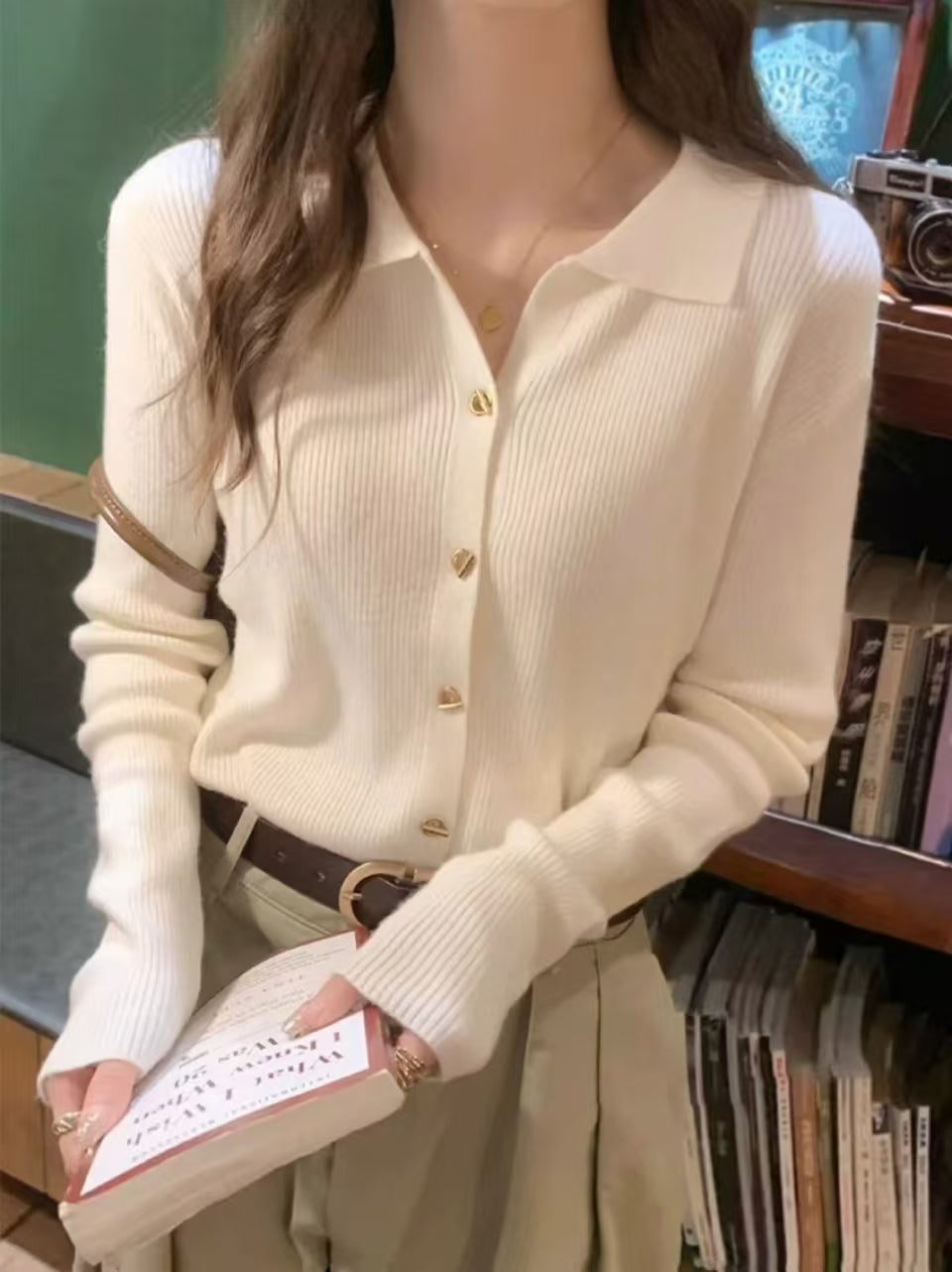 Cream white polo collar knit cardigan - model wearing with light blue jeans