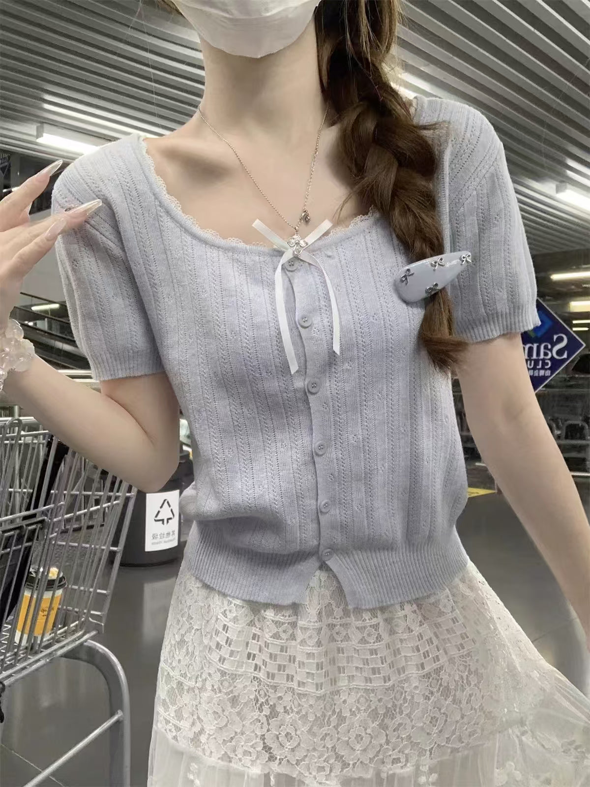 Blue short sleeve knit cardigan - full front view