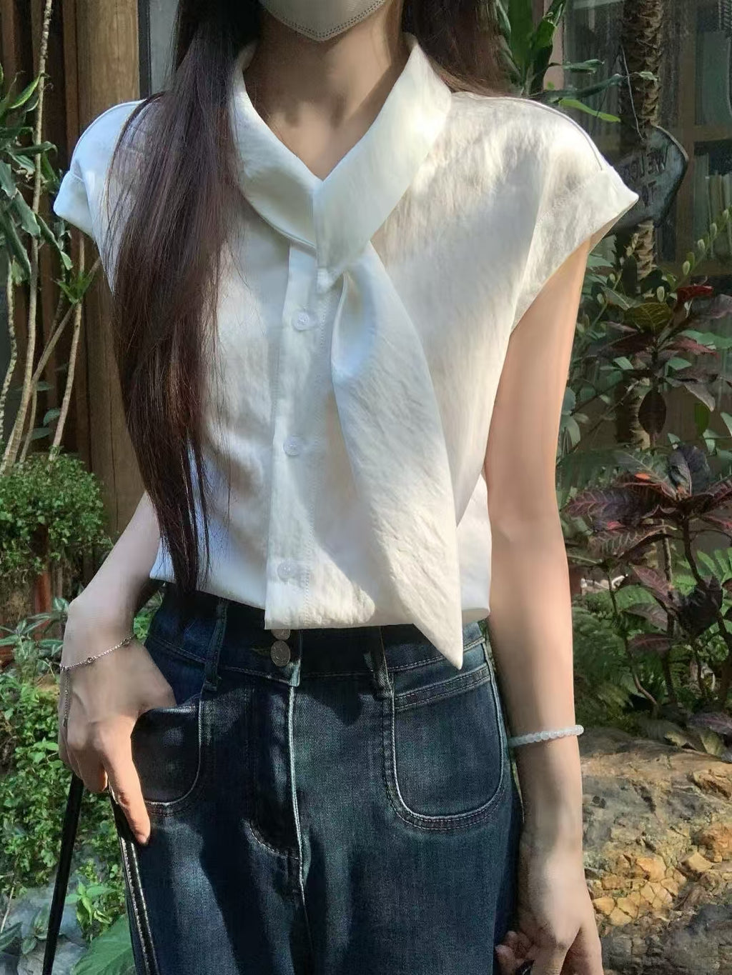 French bow-tie collar white blouse - front view full outfit