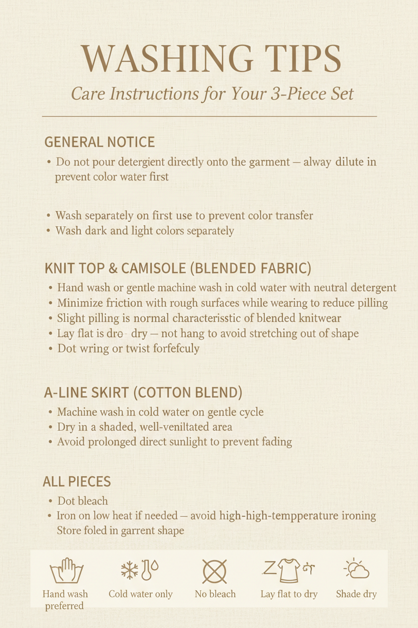 Washing care guide - English version for 3-piece blended fabric set